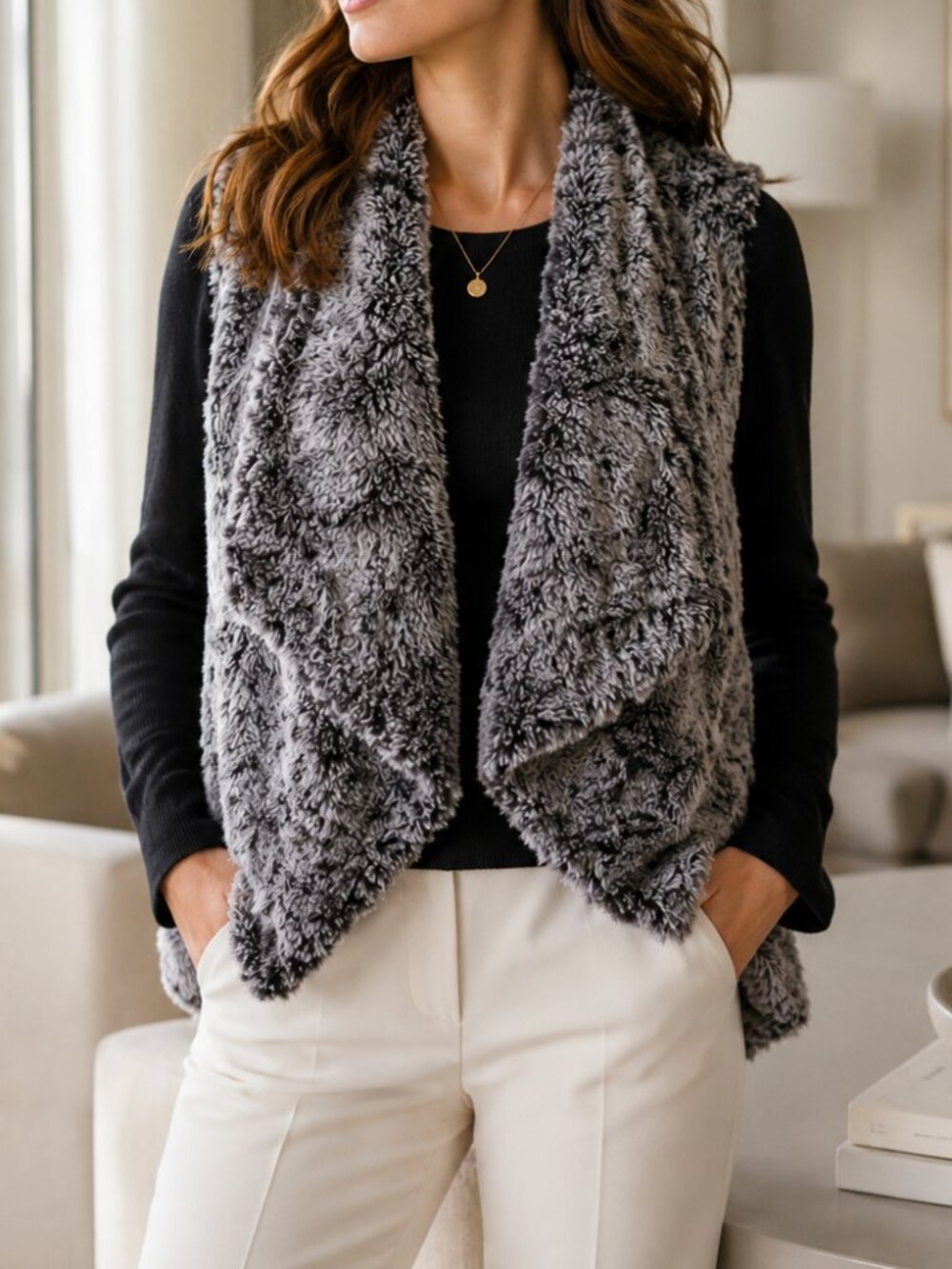 Dylan Gray Faux Fur Waterfall Draped Open Front Vest Cozy Layering XS